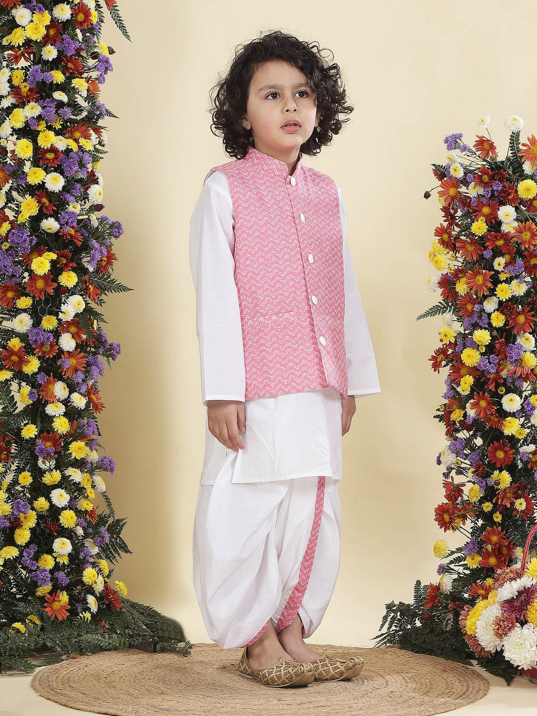 Pink Chevron Nehru Jacket with White Cotton Kurta Dhoti Set | SHOBITAM