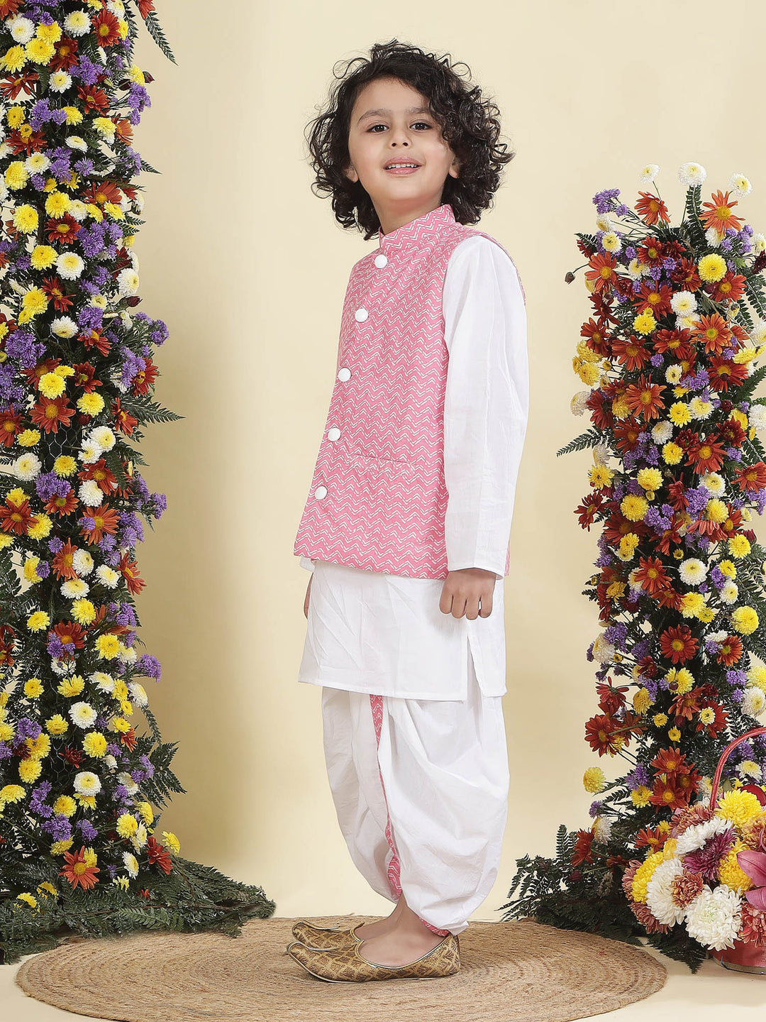 Pink Chevron Nehru Jacket with White Cotton Kurta Dhoti Set | SHOBITAM