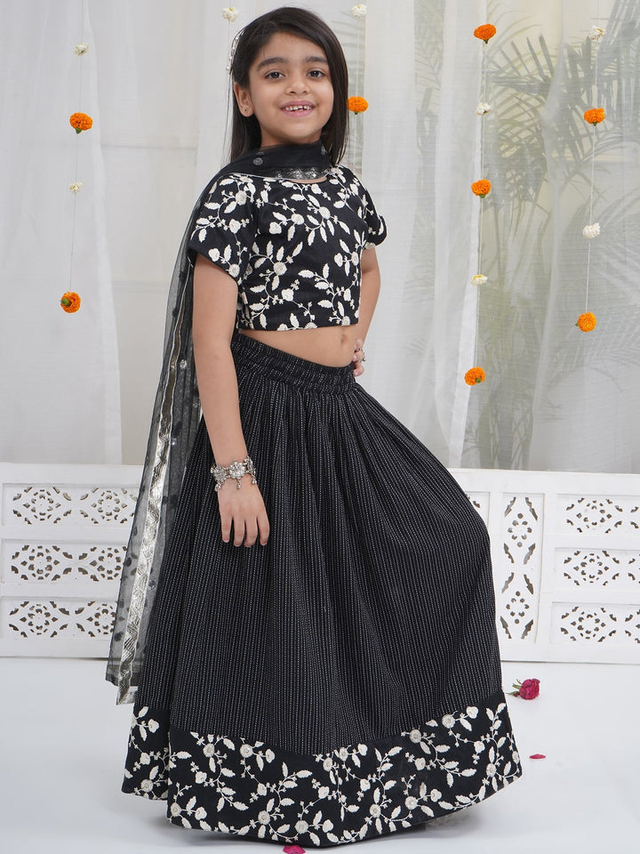 Girls Black Lehenga Blouse set with White Floral Thread work | SHOBITAM