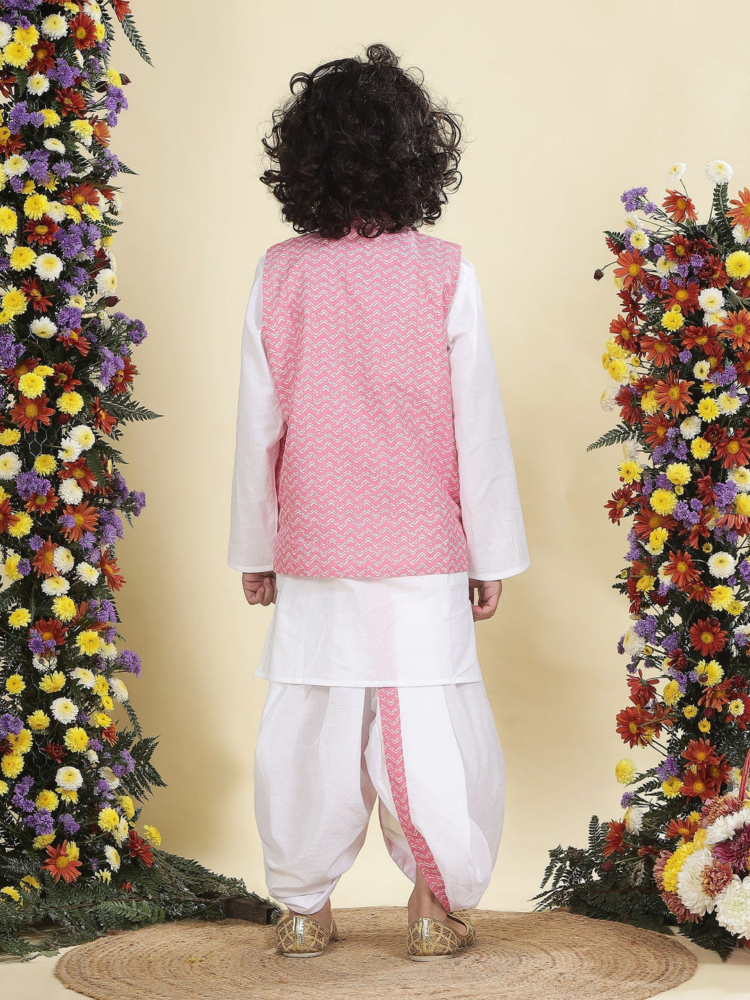 Pink Chevron Nehru Jacket with White Cotton Kurta Dhoti Set | SHOBITAM