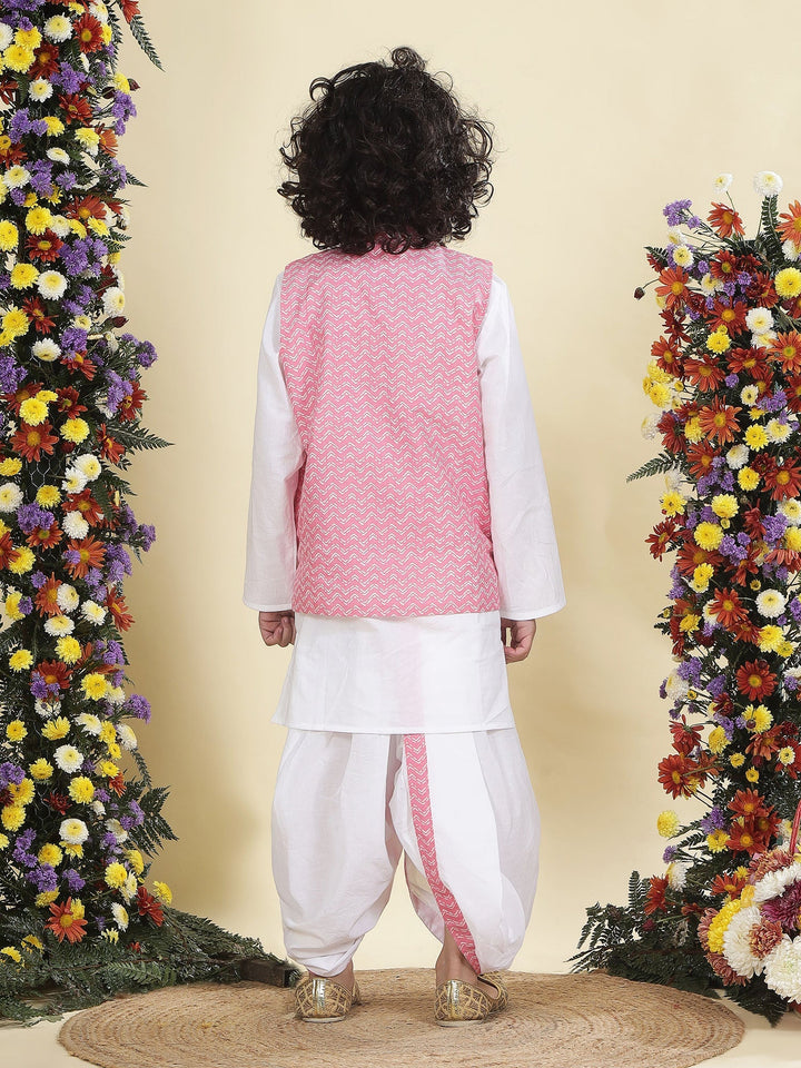 Pink Chevron Nehru Jacket with White Cotton Kurta Dhoti Set | SHOBITAM