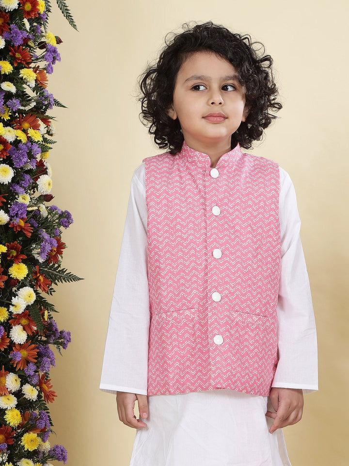 Pink Chevron Nehru Jacket with White Cotton Kurta Dhoti Set | SHOBITAM