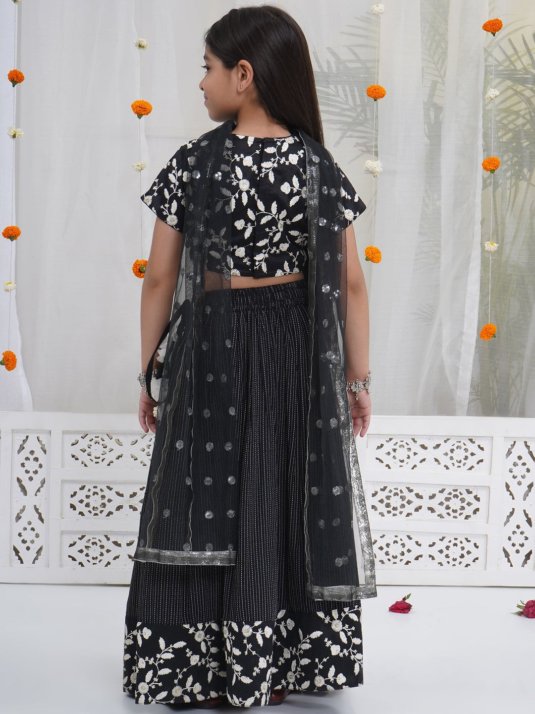 Girls Black Lehenga Blouse set with White Floral Thread work | SHOBITAM