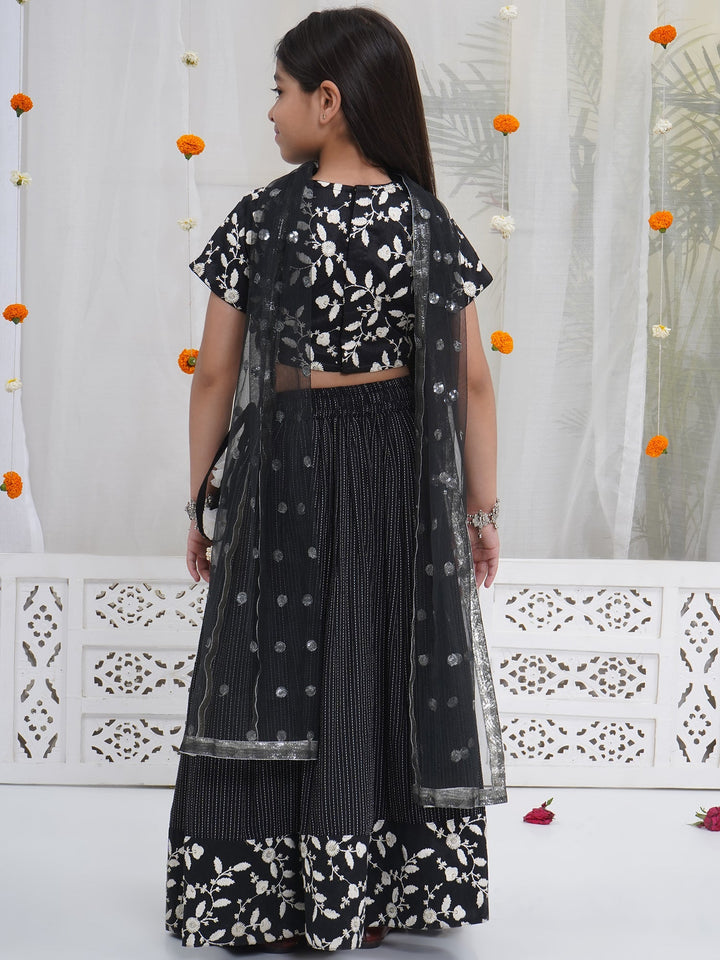 Girls Black Lehenga Blouse set with White Floral Thread work | SHOBITAM