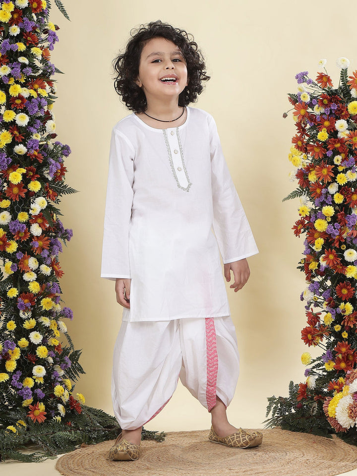 Pink Chevron Nehru Jacket with White Cotton Kurta Dhoti Set | SHOBITAM