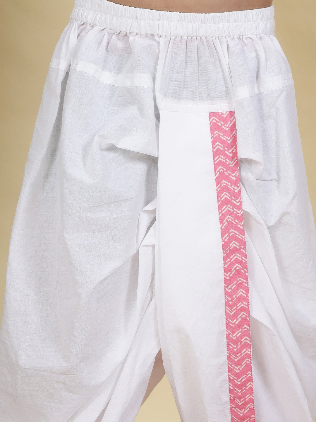 Pink Chevron Nehru Jacket with White Cotton Kurta Dhoti Set | SHOBITAM