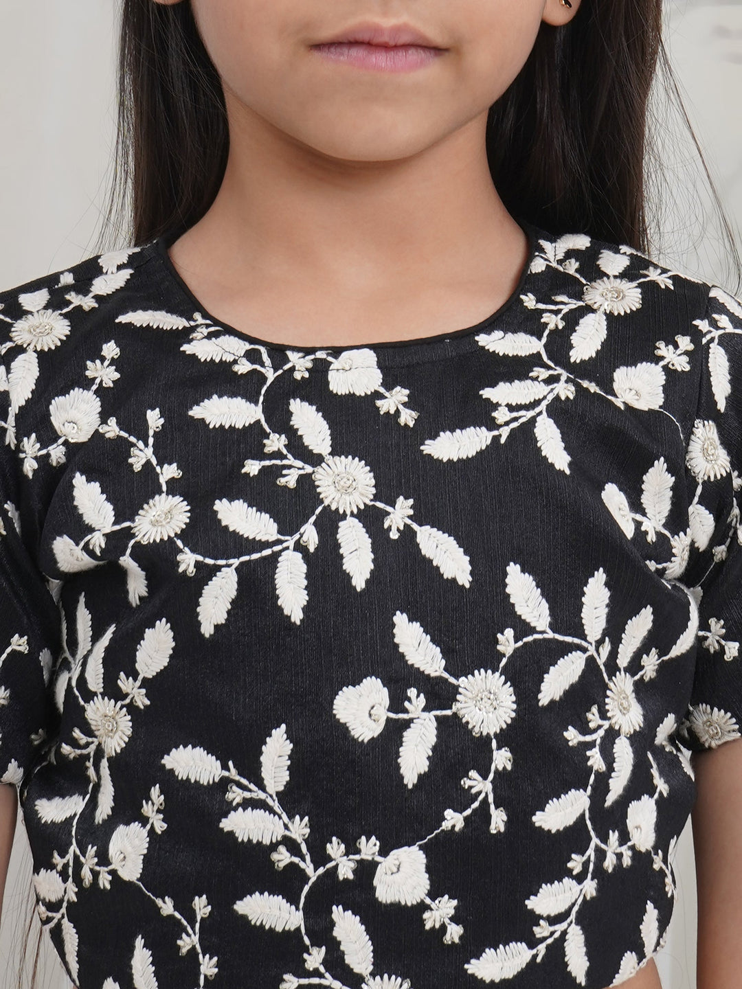 Girls Black Lehenga Blouse set with White Floral Thread work | SHOBITAM