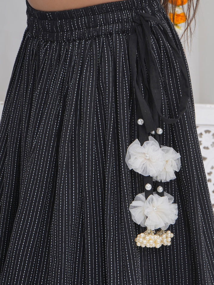Girls Black Lehenga Blouse set with White Floral Thread work | SHOBITAM