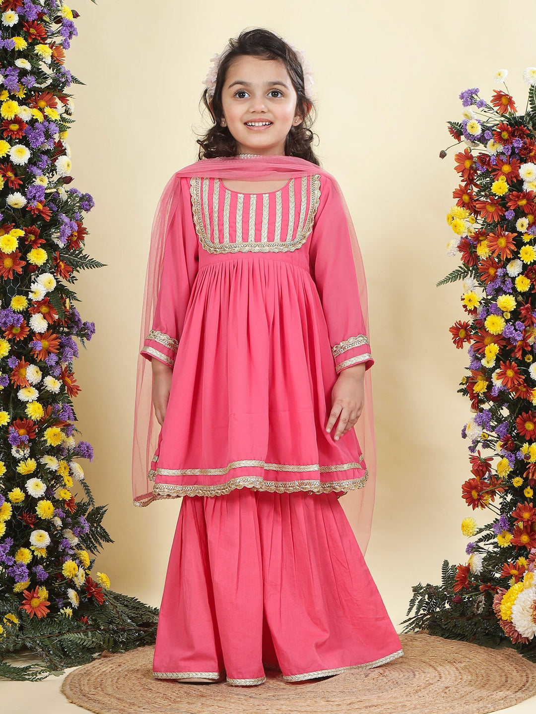 Pink Georgette Lacework Kurta with Cotton Sharara and Net Dupatta Set | SHOBITAM