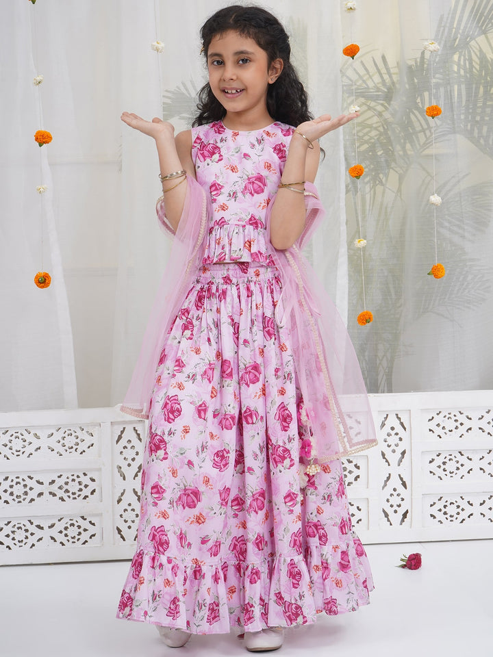 Girls Blush Pink Rose Peplum Lehenga Choli | SHOBITAM