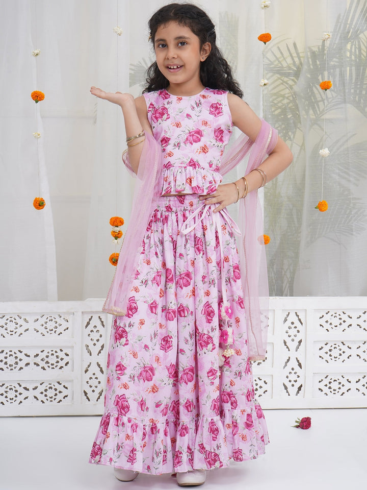 Girls Blush Pink Rose Peplum Lehenga Choli | SHOBITAM
