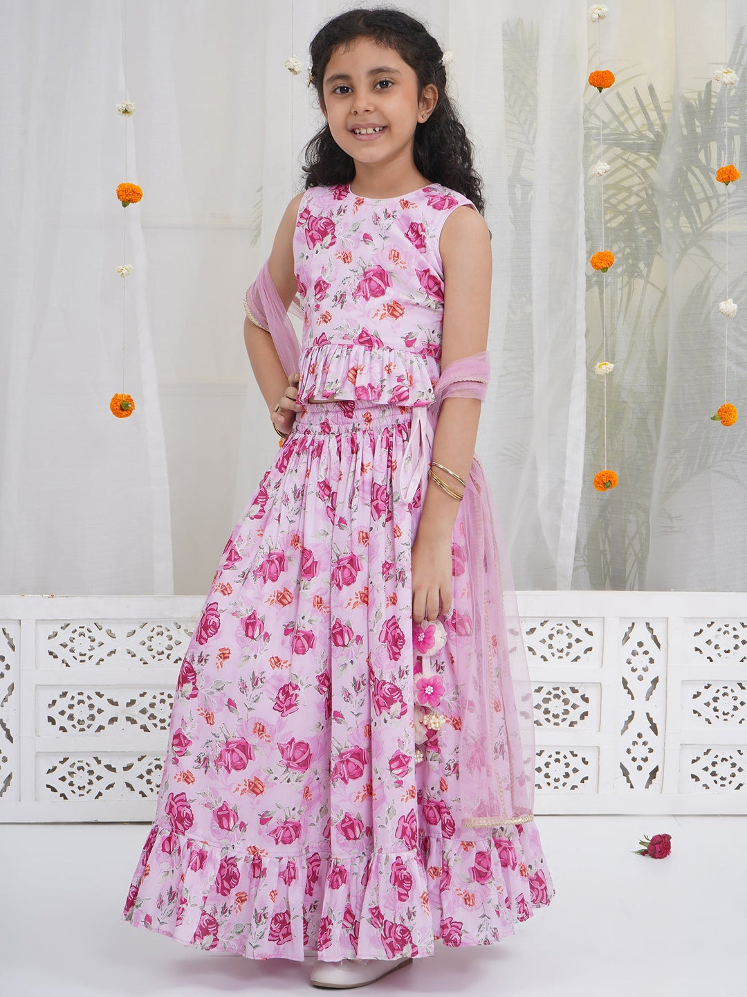 Girls Blush Pink Rose Peplum Lehenga Choli | SHOBITAM