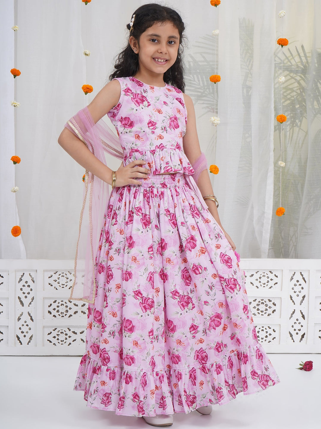 Girls Blush Pink Rose Peplum Lehenga Choli | SHOBITAM