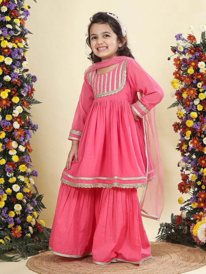 Pink Georgette Lacework Kurta with Cotton Sharara and Net Dupatta Set | SHOBITAM