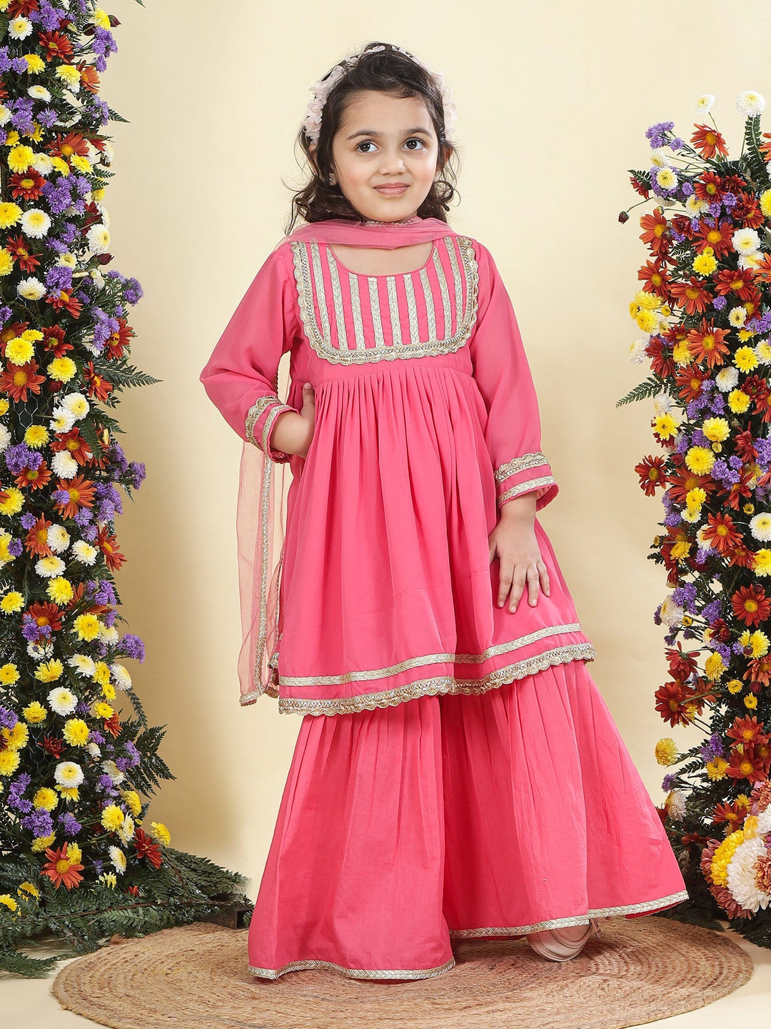 Pink Georgette Lacework Kurta with Cotton Sharara and Net Dupatta Set | SHOBITAM