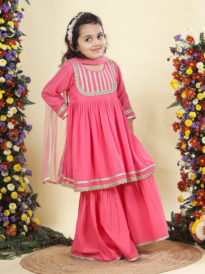 Pink Georgette Lacework Kurta with Cotton Sharara and Net Dupatta Set | SHOBITAM