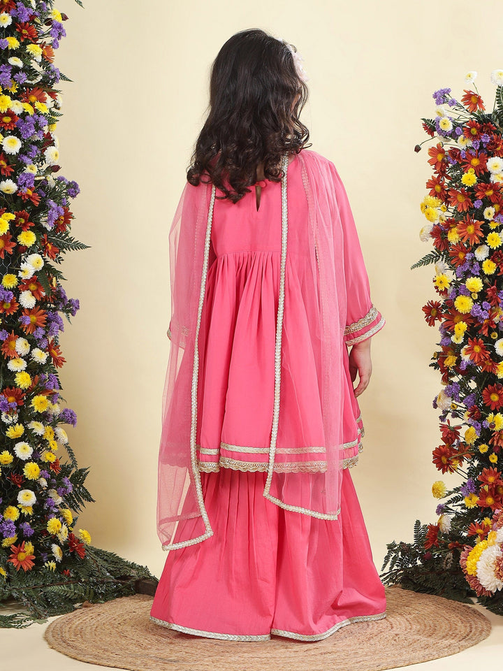 Pink Georgette Lacework Kurta with Cotton Sharara and Net Dupatta Set | SHOBITAM