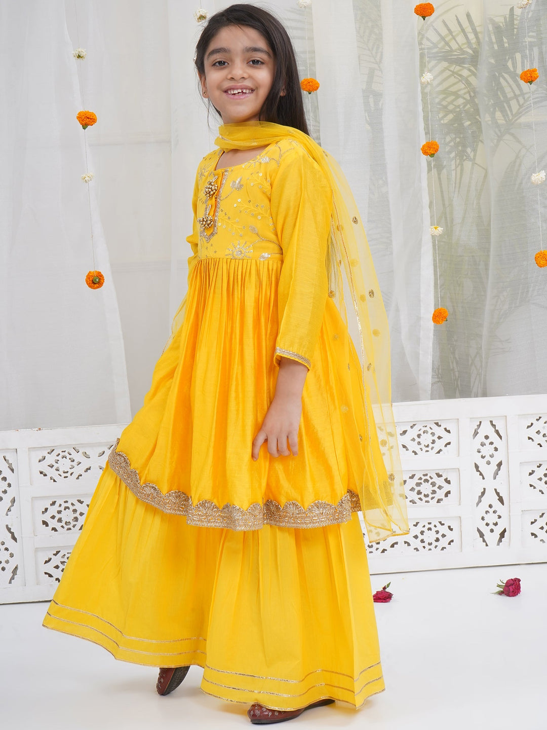 Girls Yellow Chanderi Silk Floral Embroidery Kurta Sharara Set with Dupatta | SHOBITAM