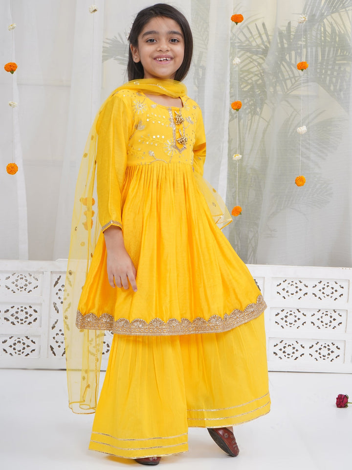 Girls Yellow Chanderi Silk Floral Embroidery Kurta Sharara Set with Dupatta | SHOBITAM
