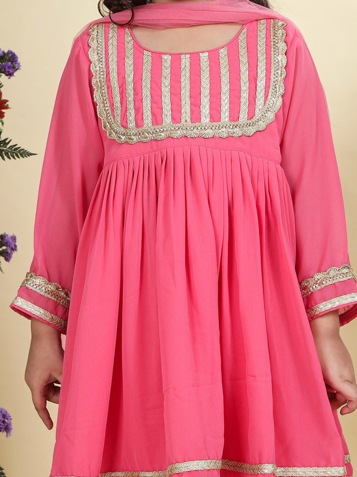 Pink Georgette Lacework Kurta with Cotton Sharara and Net Dupatta Set | SHOBITAM