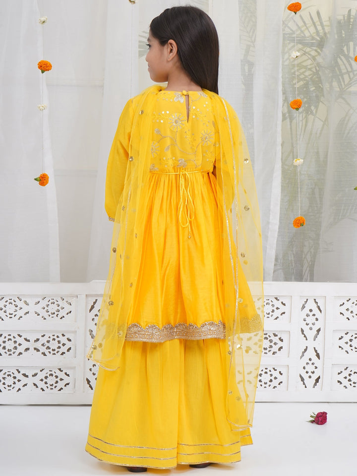 Girls Yellow Chanderi Silk Floral Embroidery Kurta Sharara Set with Dupatta | SHOBITAM
