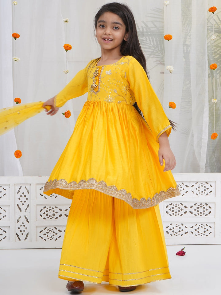 Girls Yellow Chanderi Silk Floral Embroidery Kurta Sharara Set with Dupatta | SHOBITAM