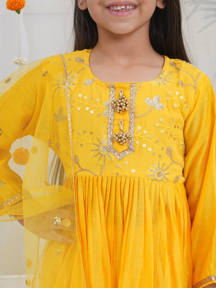 Girls Yellow Chanderi Silk Floral Embroidery Kurta Sharara Set with Dupatta | SHOBITAM