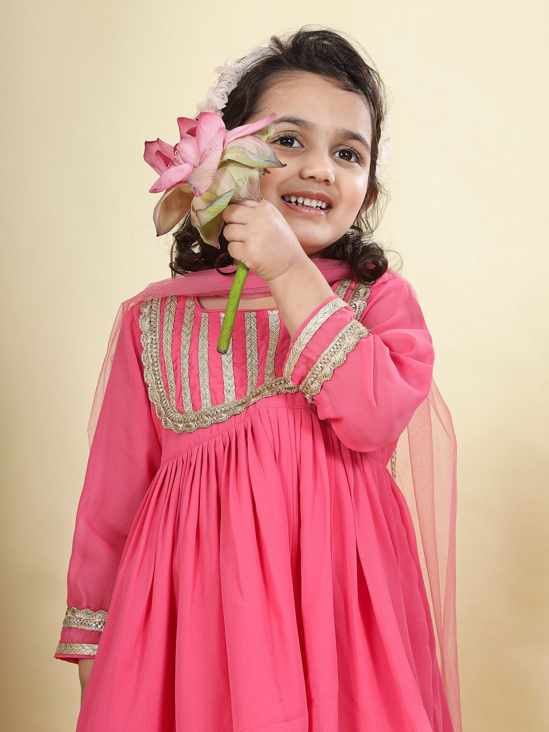 Pink Georgette Lacework Kurta with Cotton Sharara and Net Dupatta Set | SHOBITAM