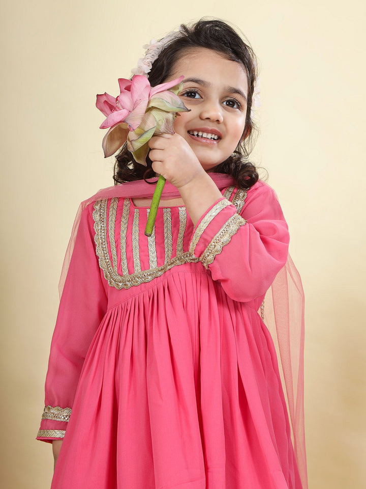 Pink Georgette Lacework Kurta with Cotton Sharara and Net Dupatta Set | SHOBITAM