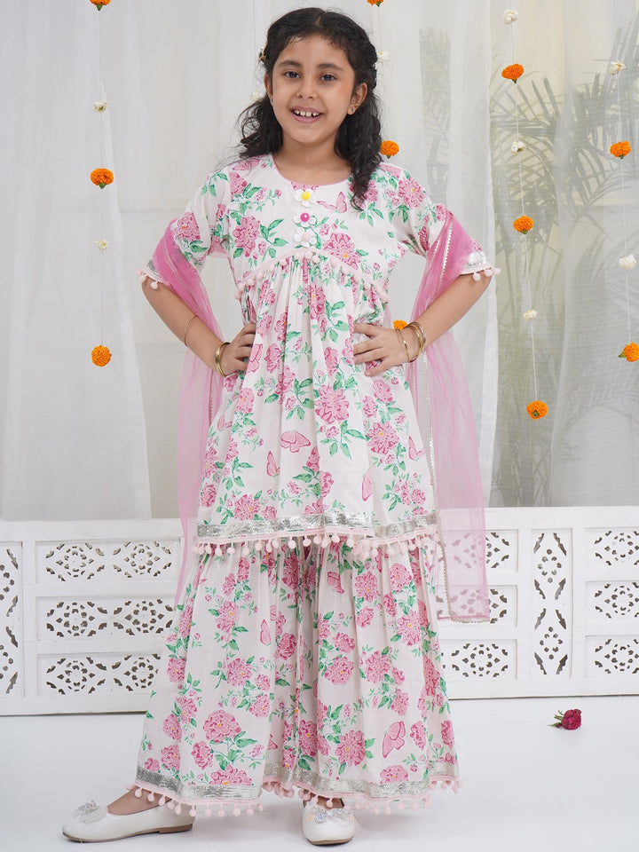 Girls Light Pink Cotton Floral Butterfly Kurta Sharara set with Pom Pom Lace & Floral Handwork with Dupatta | SHOBITAM