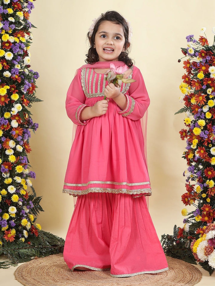 Pink Georgette Lacework Kurta with Cotton Sharara and Net Dupatta Set | SHOBITAM