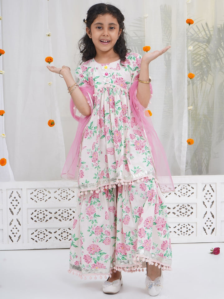 Girls Light Pink Cotton Floral Butterfly Kurta Sharara set with Pom Pom Lace & Floral Handwork with Dupatta | SHOBITAM