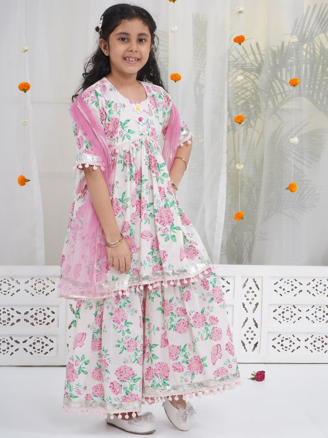Girls Light Pink Cotton Floral Butterfly Kurta Sharara set with Pom Pom Lace & Floral Handwork with Dupatta | SHOBITAM