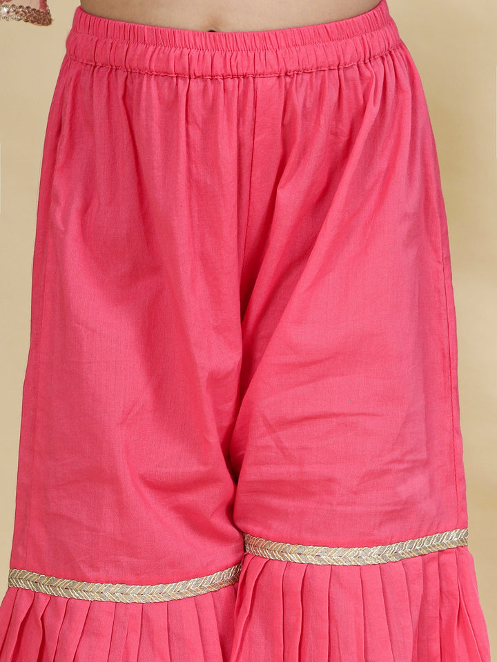 Pink Georgette Lacework Kurta with Cotton Sharara and Net Dupatta Set | SHOBITAM
