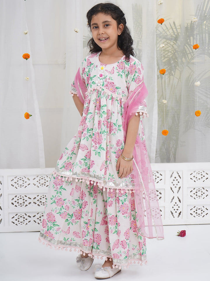 Girls Light Pink Cotton Floral Butterfly Kurta Sharara set with Pom Pom Lace & Floral Handwork with Dupatta | SHOBITAM