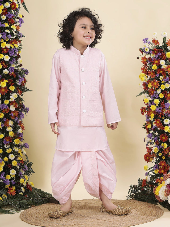 Baby Pink Floral Embroidery Nehru Jacket with Cotton Kurta Dhoti | SHOBITAM