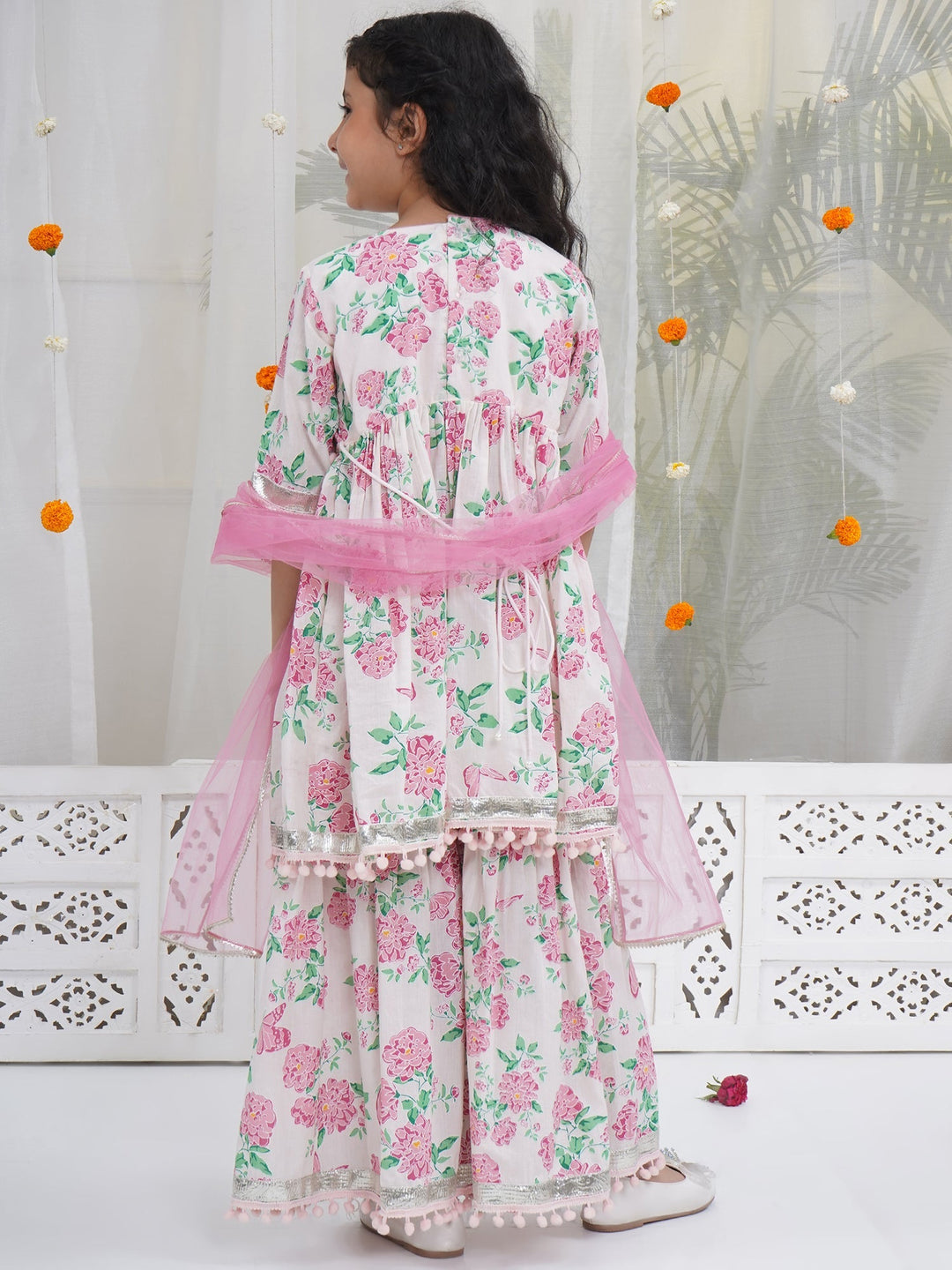Girls Light Pink Cotton Floral Butterfly Kurta Sharara set with Pom Pom Lace & Floral Handwork with Dupatta | SHOBITAM