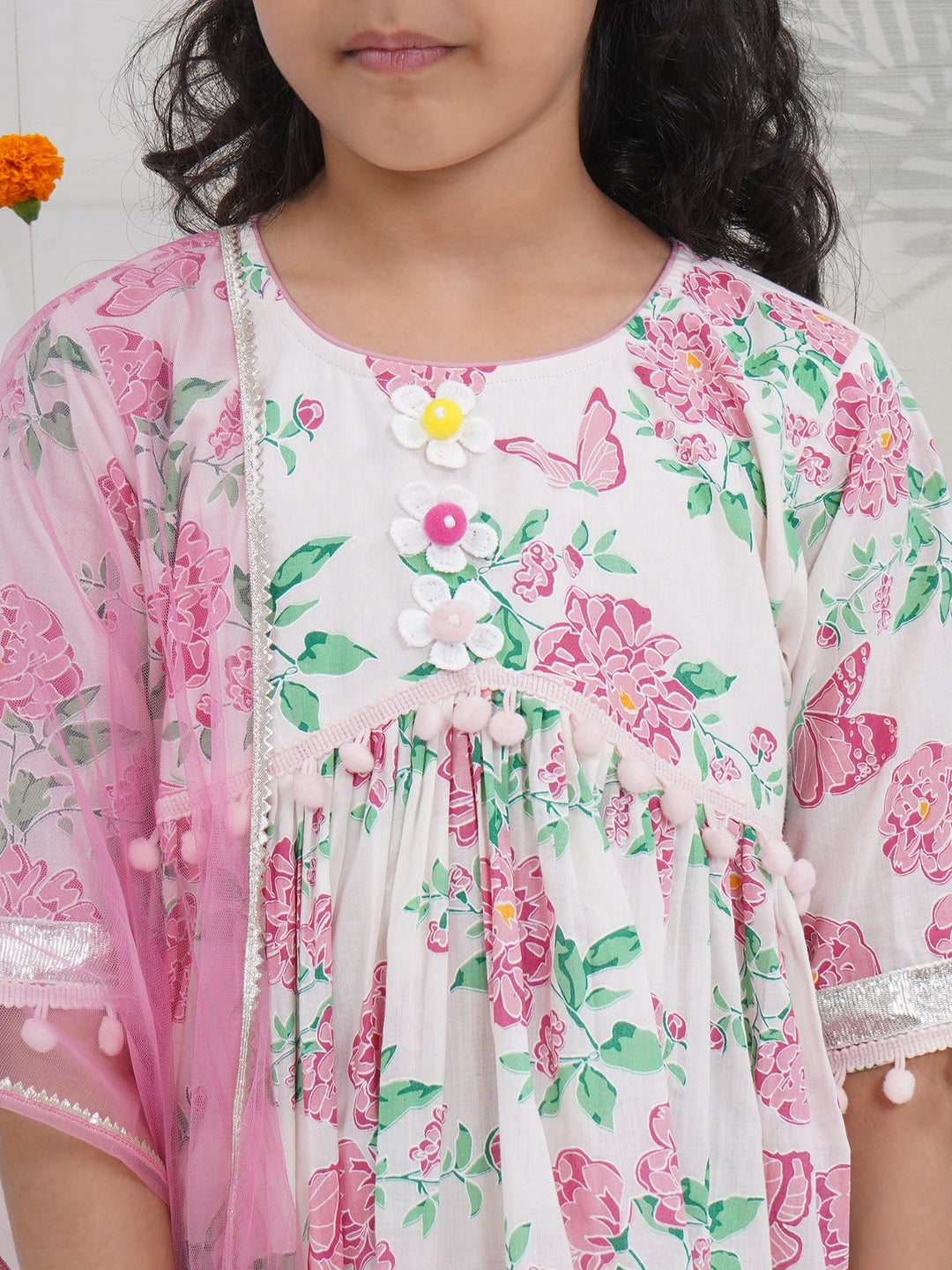 Girls Light Pink Cotton Floral Butterfly Kurta Sharara set with Pom Pom Lace & Floral Handwork with Dupatta | SHOBITAM