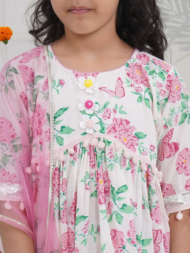 Girls Light Pink Cotton Floral Butterfly Kurta Sharara set with Pom Pom Lace & Floral Handwork with Dupatta | SHOBITAM