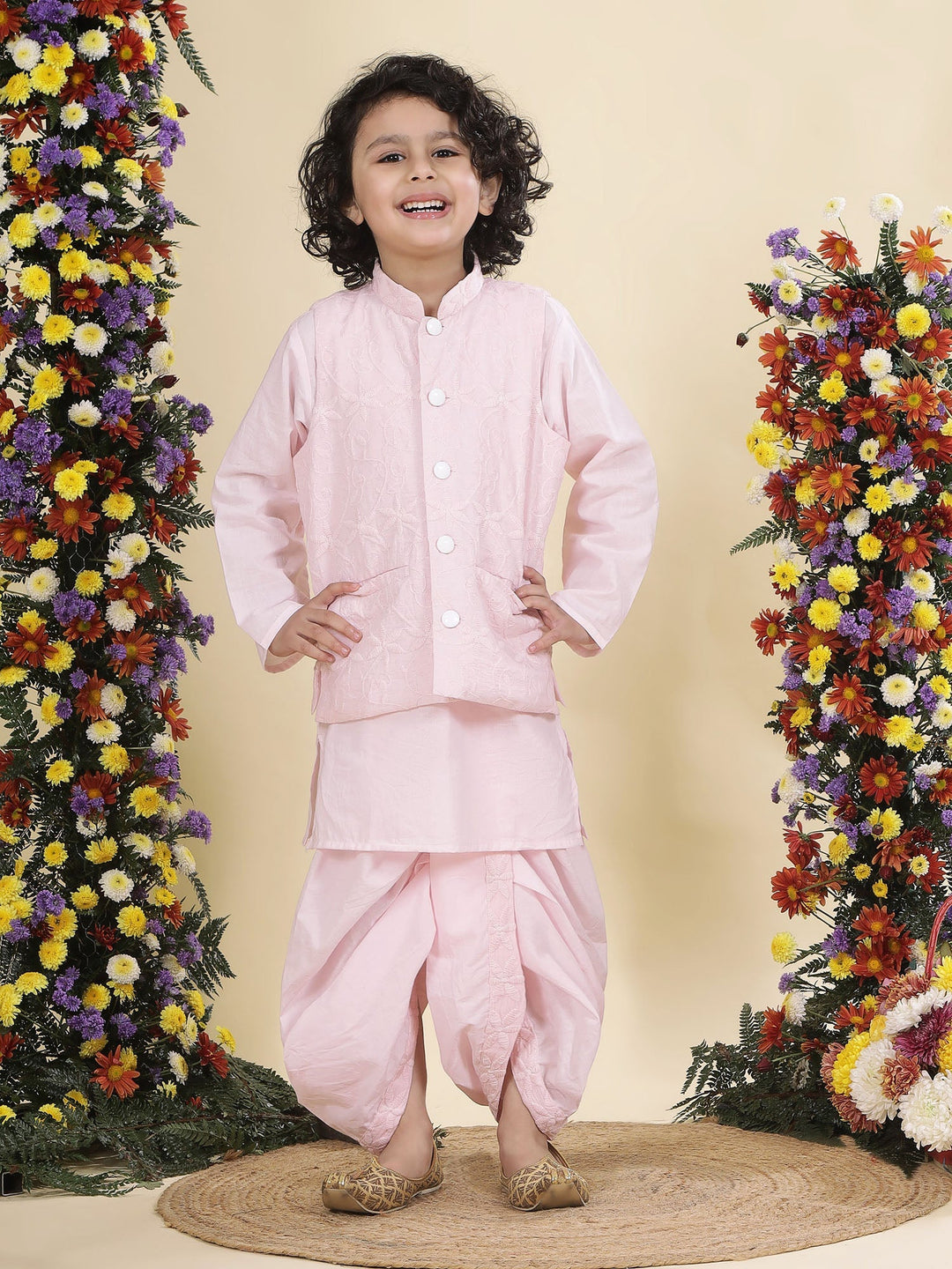 Baby Pink Floral Embroidery Nehru Jacket with Cotton Kurta Dhoti | SHOBITAM