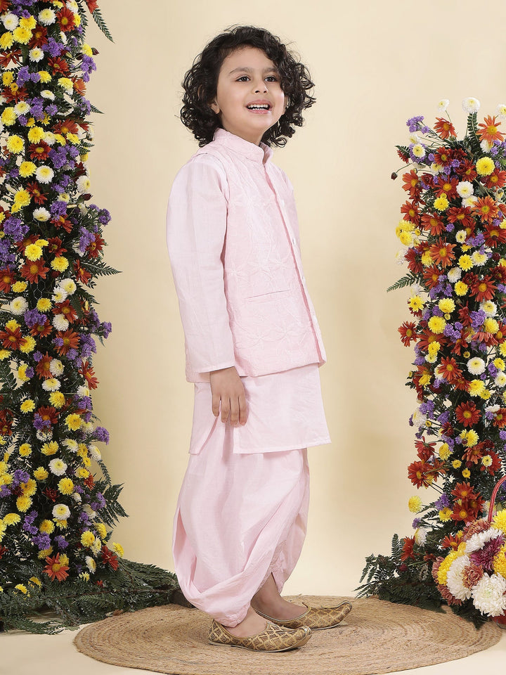 Baby Pink Floral Embroidery Nehru Jacket with Cotton Kurta Dhoti | SHOBITAM