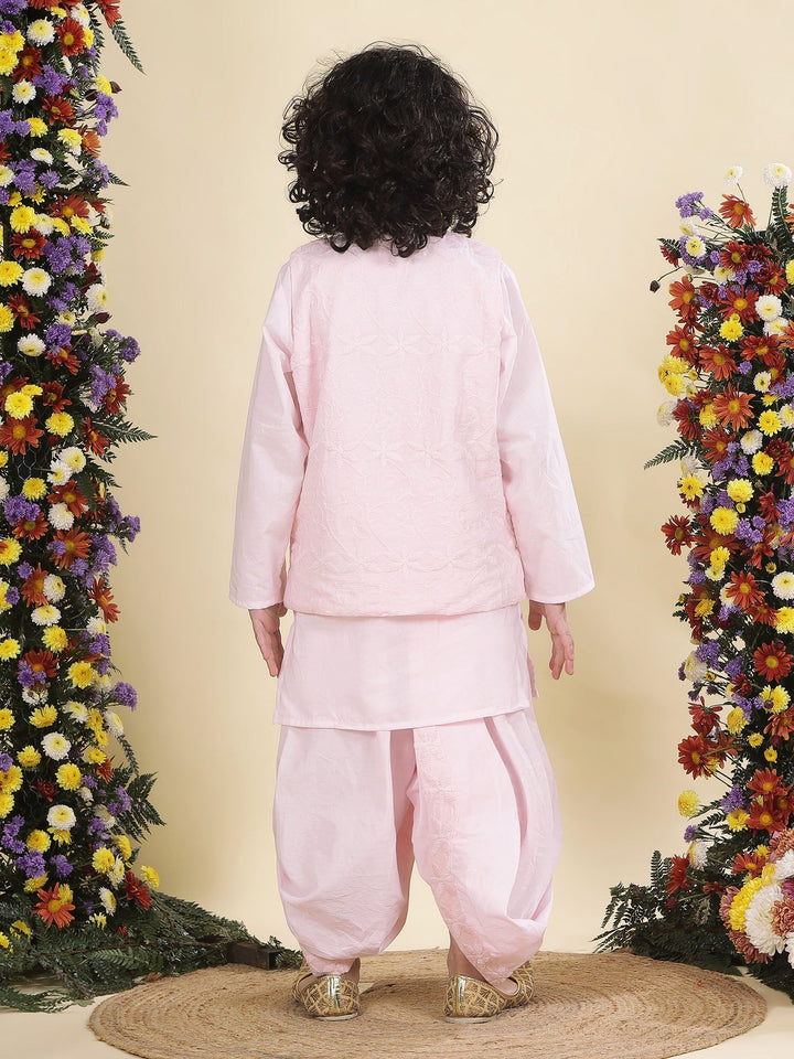 Baby Pink Floral Embroidery Nehru Jacket with Cotton Kurta Dhoti | SHOBITAM