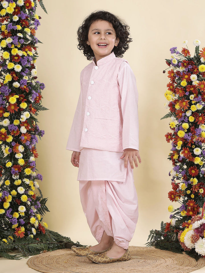 Baby Pink Floral Embroidery Nehru Jacket with Cotton Kurta Dhoti | SHOBITAM