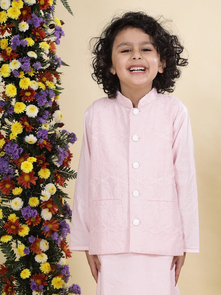 Baby Pink Floral Embroidery Nehru Jacket with Cotton Kurta Dhoti | SHOBITAM
