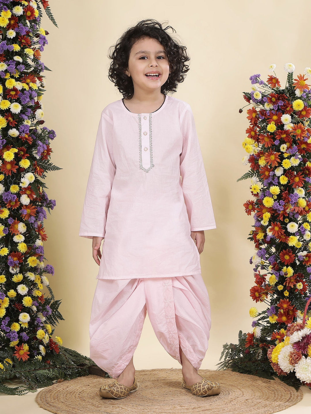 Baby Pink Floral Embroidery Nehru Jacket with Cotton Kurta Dhoti | SHOBITAM