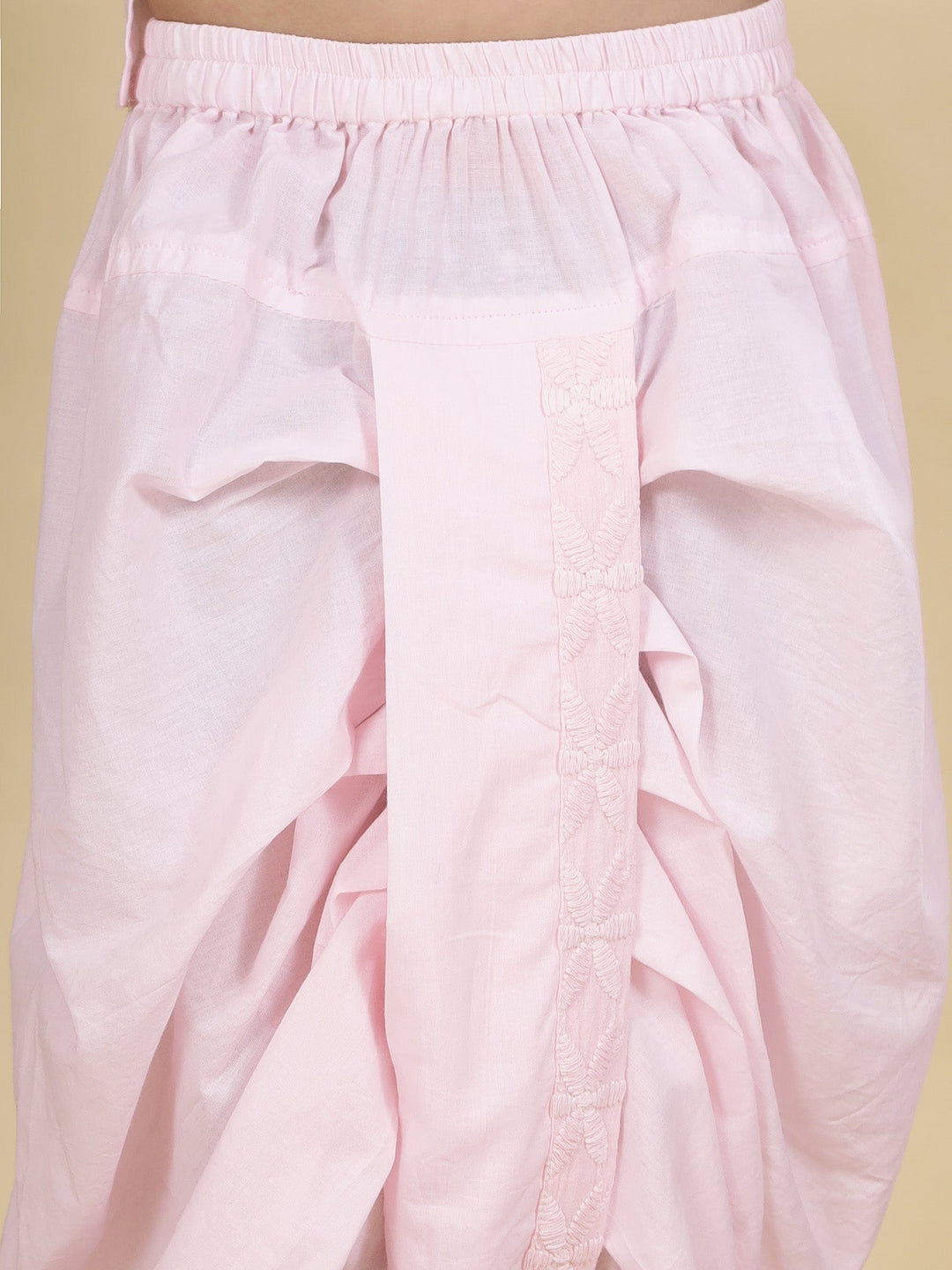 Baby Pink Floral Embroidery Nehru Jacket with Cotton Kurta Dhoti | SHOBITAM