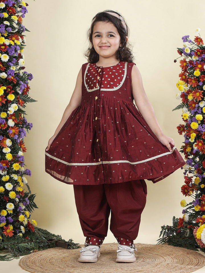 Maroon Chanderi Semi-Silk Embroidered Kurta with Cotton Salwar Set | Shobitam