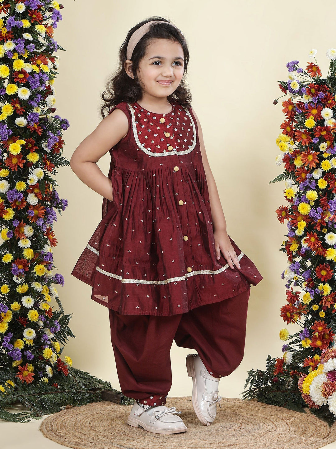 Maroon Chanderi Semi-Silk Embroidered Kurta with Cotton Salwar Set | Shobitam