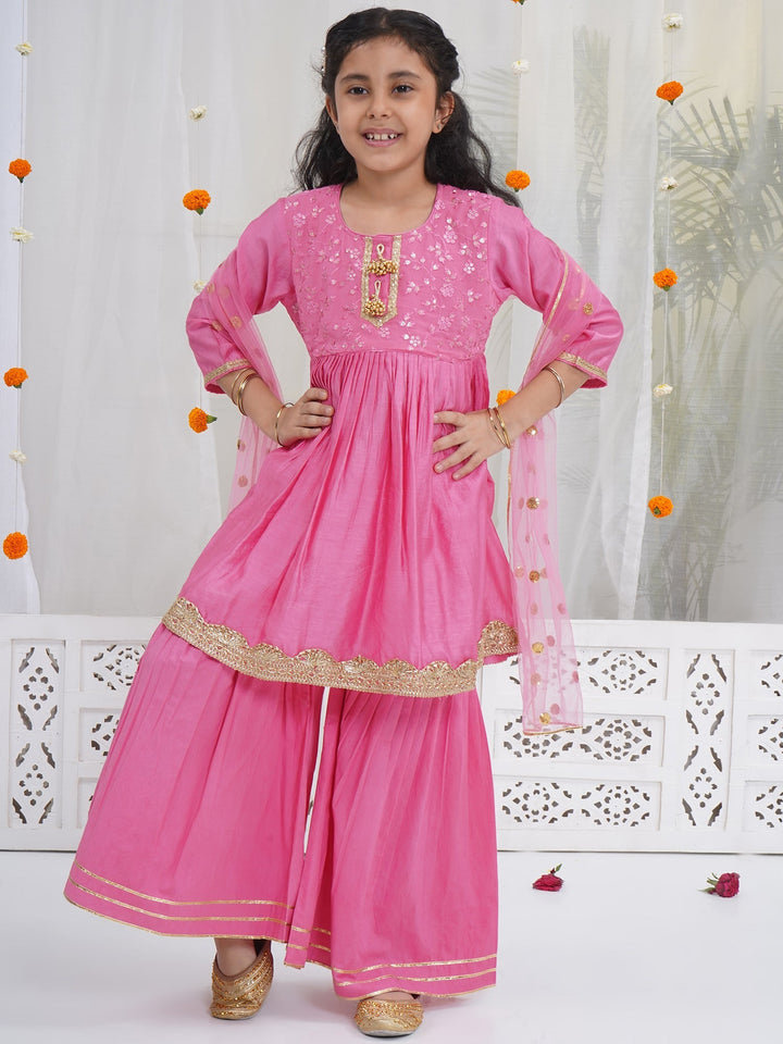 Girls Cranberry Pink Chanderi Semi-Silk Forest Tapestry Embroidery Kurta Sharara Set with Dupatta | SHOBITAM