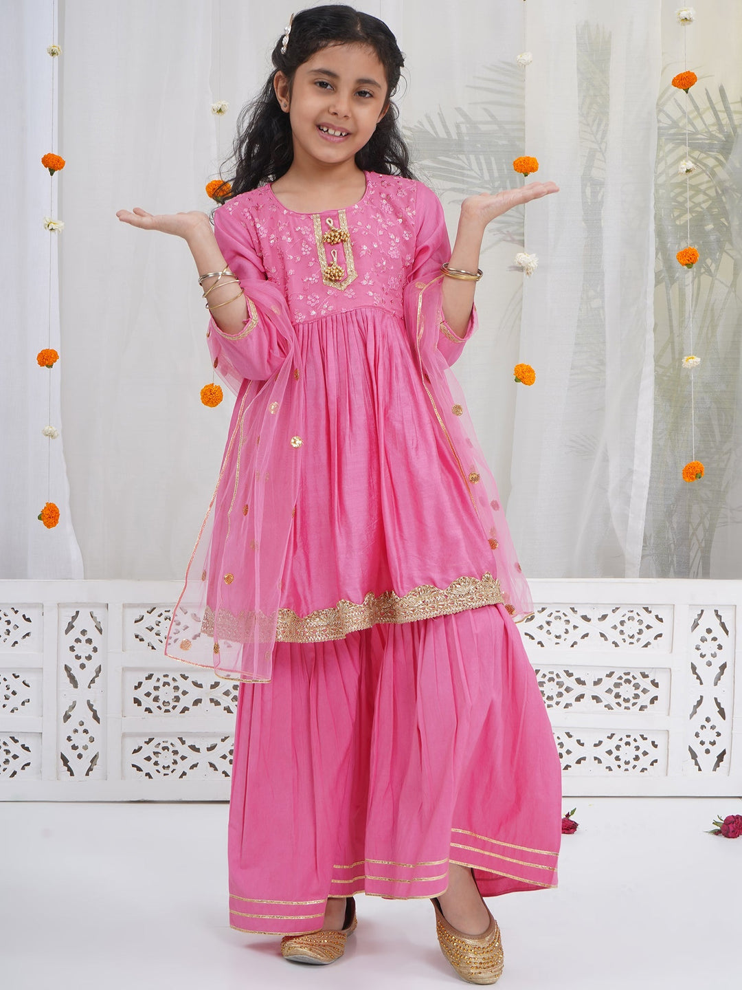 Girls Cranberry Pink Chanderi Semi-Silk Forest Tapestry Embroidery Kurta Sharara Set with Dupatta | SHOBITAM